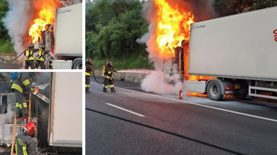 Incendio di un tir sulla A26, traffico in tilt per due ore